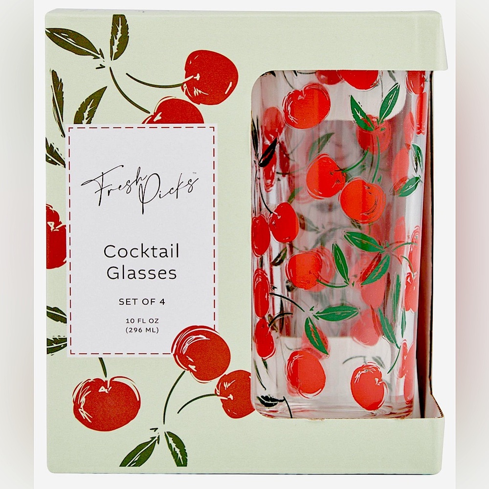 NIB - Fresh Picks 4pc Cherry Print Cocktail Glasses